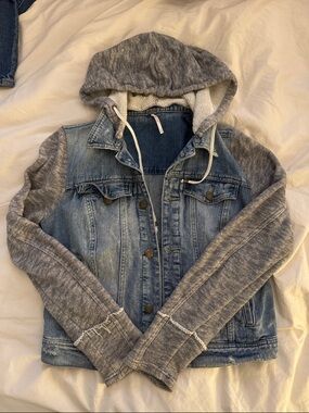 Free People Denim Jacket with Grey Knit Hoodie Sleeves and removable hood